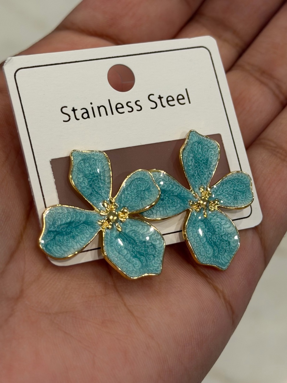 Turquoise Blue Floral Stud Earrings Gold Tone Stainless Steel Statement Jewelry